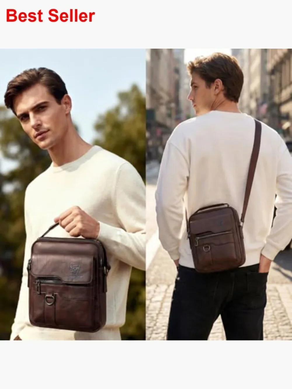 Leather Sling Bag Messenger Bag Crossbody with Multiple Pockets Business Outdoor